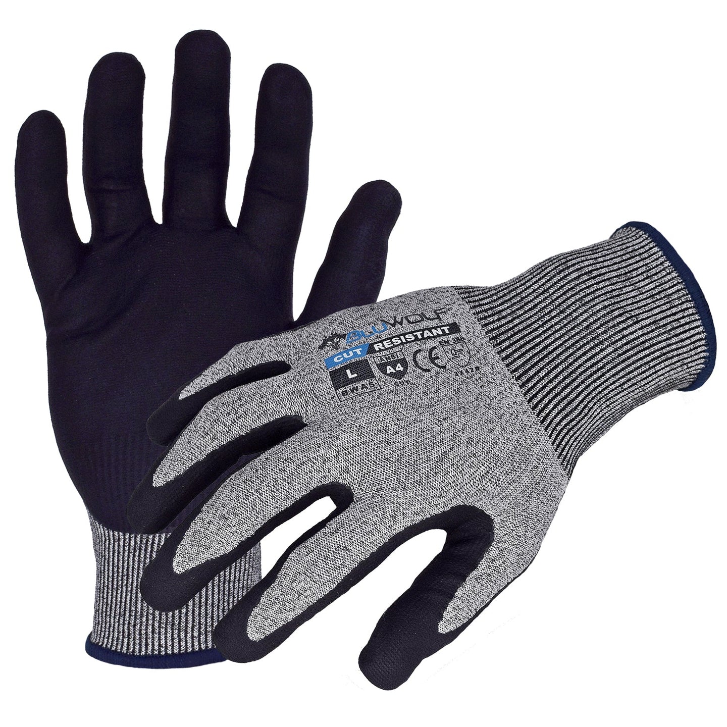 BluWolf(BW4040) Cut Resistant Work Gloves, 18-Gauge Gray Seamless ANSI A4 Cut Resistant Gloves w/ Black Ultra-Thin Micro-Foam Nitrile/Polyurethane Palm/Finger Coating, X-Large, Case of 12 Pairs