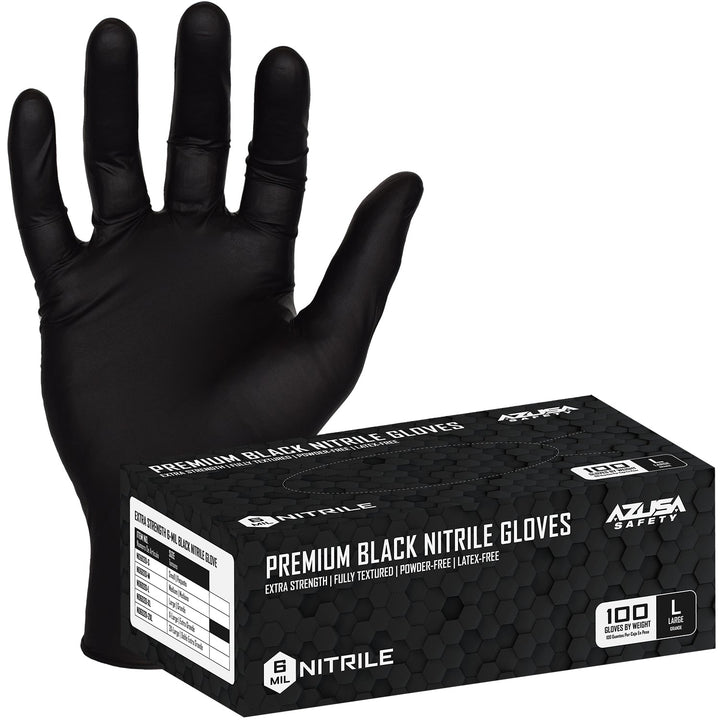 (ND6020) Disposable Gloves, 6-Mil Black Disposable Nitrile Exam Gloves, Powder-Free, Food Safe, Large, 1 Box (100 gloves)