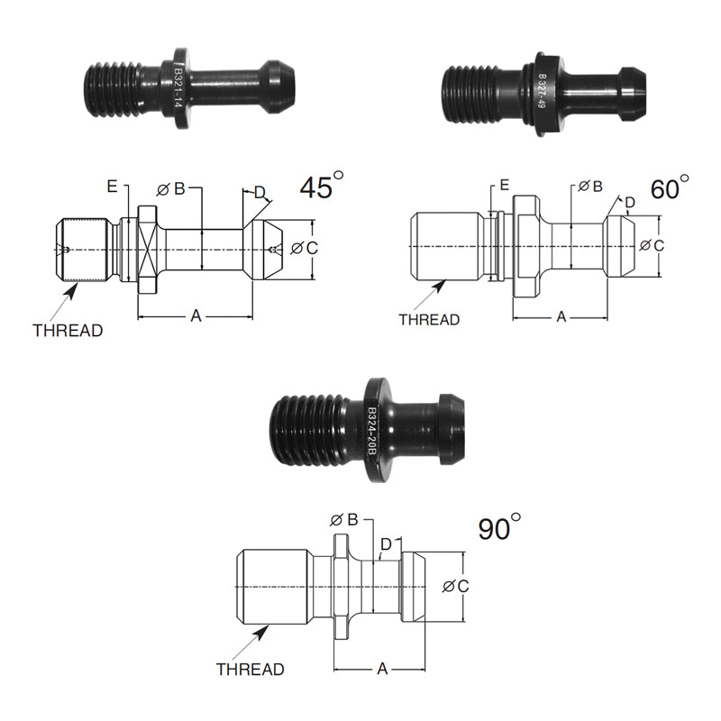 Briney B327-49: Standard Pull Stud (Retention Knob) For V-Flange Tooling, CAT50 Taper, 1-8 Thread, 60° Angle