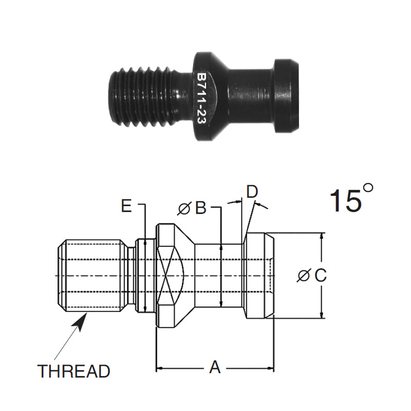 Briney B711-23: Standard Pull Stud (Retention Knob) For V-Flange Tooling, CAT40 Taper, 5/8-11 Thread, 15° Angle
