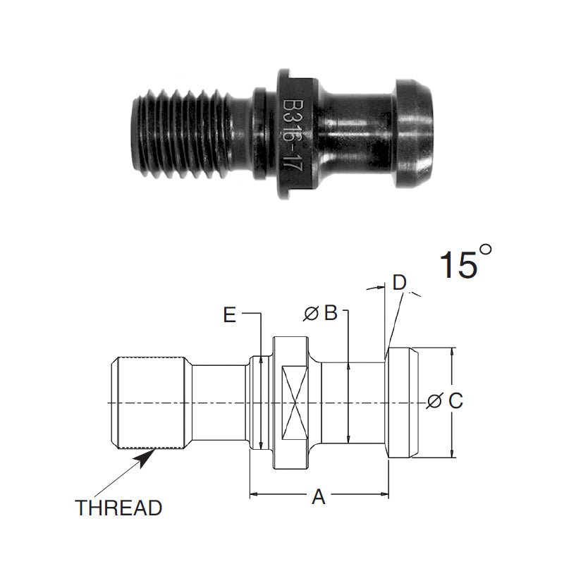 Briney B316-17-HTHS: High Torque Pull Stud (Retention Knob) For V-Flange Tooling, CAT40 Taper, 5/8-11 Thread, 15° Angle