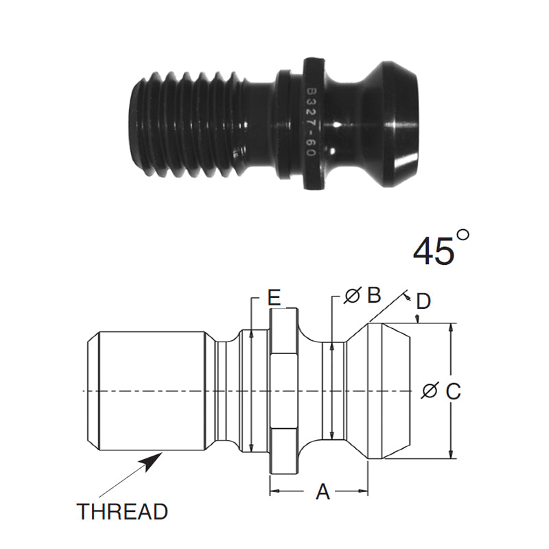 Briney B327-60-HTHS: High Torque Pull Stud (Retention Knob) For V-Flange Tooling, CAT40 Taper, 5/8-11 Thread, 45° Angle