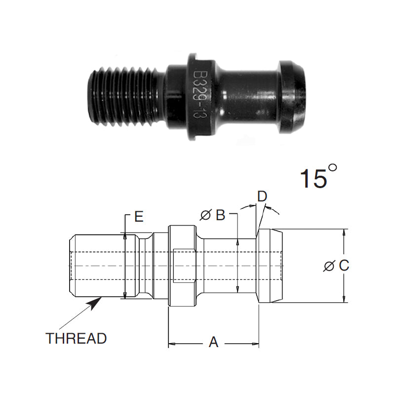 Briney B329-12-HTHS: High Torque Pull Stud (Retention Knob) For V-Flange Tooling, BT40 Taper, M16x2 Thread, 15° Angle