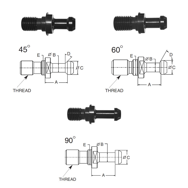 Briney B342-18B-HTHS: High Torque Pull Stud (Retention Knob) For V-Flange Tooling, CAT50 Taper, 1-8 Thread, 90° Angle